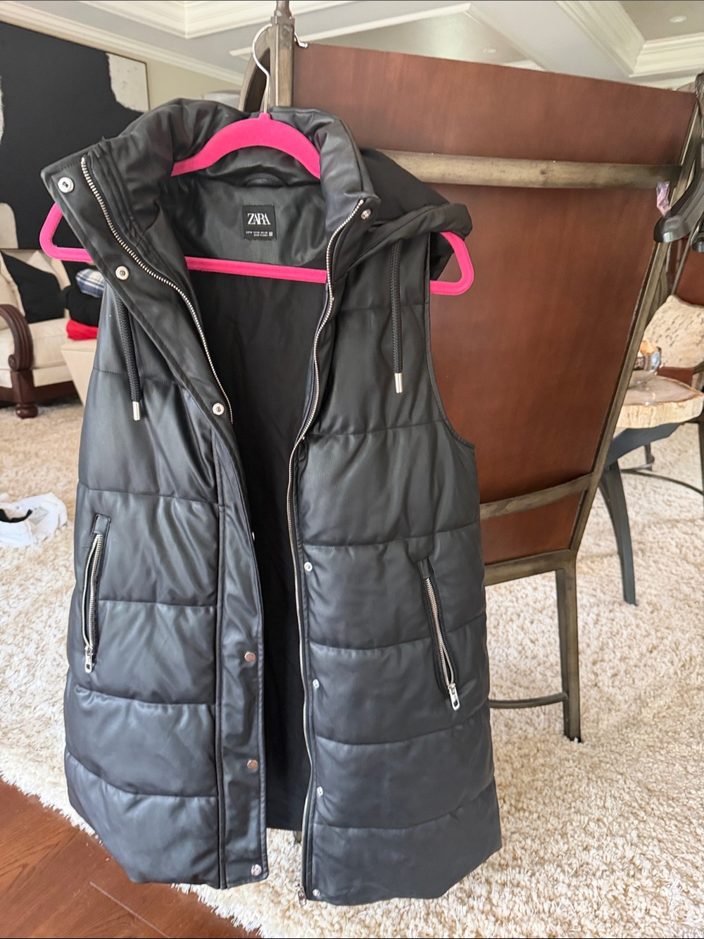 ZARA Black Quilted Hooded Puffer Vest Looks like Leather